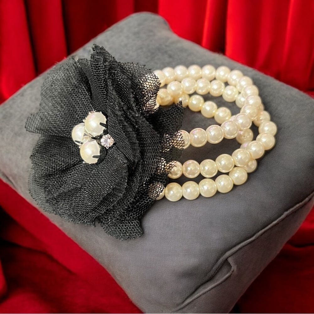 Three Strand Faux Pearl Stretch Bracelet w/Black Chiffon Pearl/Rhinestone Flower